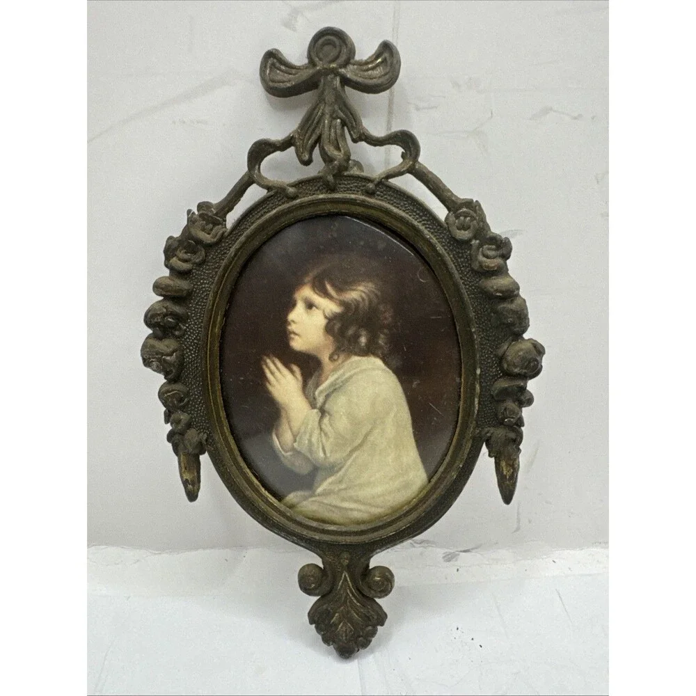 3 Trio VTG Ornate Metal Frames Victorian Young Girl Praying/Waving 6.5” Italy